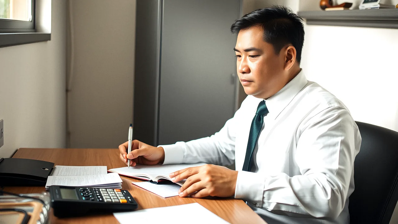 A bookkeeper writing up the day's entries at his desk.