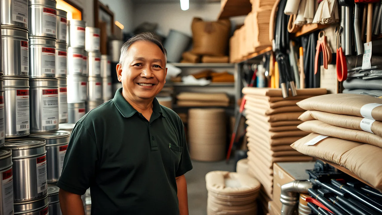 The owner of a hardware store in an aisle of his shop.